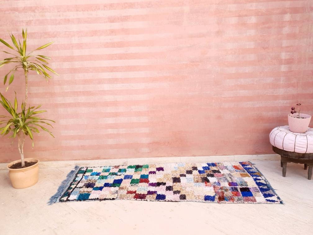 Vintage Moroccan Rug 3x7.5 Gorgeous Unique Boucherouite Rug Boujaad rug, checkered bedroom rug, living room rug