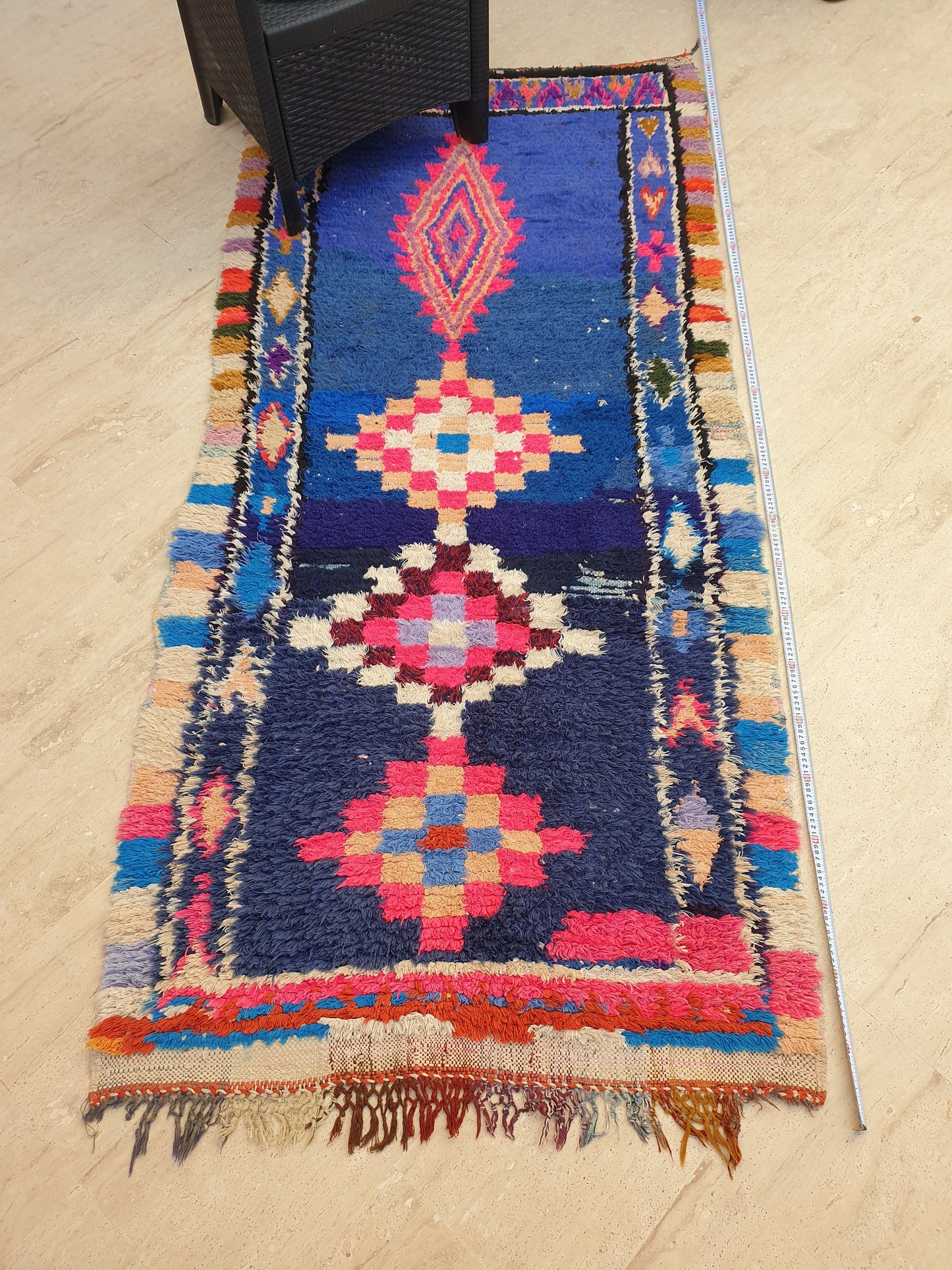 Vintage Moroccan rug 3.6x7.6 Unique Stunning blue Azilal Rug,  Abstract Berber runner rug, boujaad rug boucherouite rug