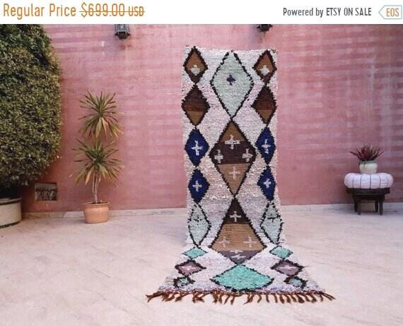 Vintage Moroccan Rug 2.6x8.6 Beautiful Boucherouite Runner Rug Aqua Blue accent runner Rug Unique Hallway rug, Brown Beige boho rug