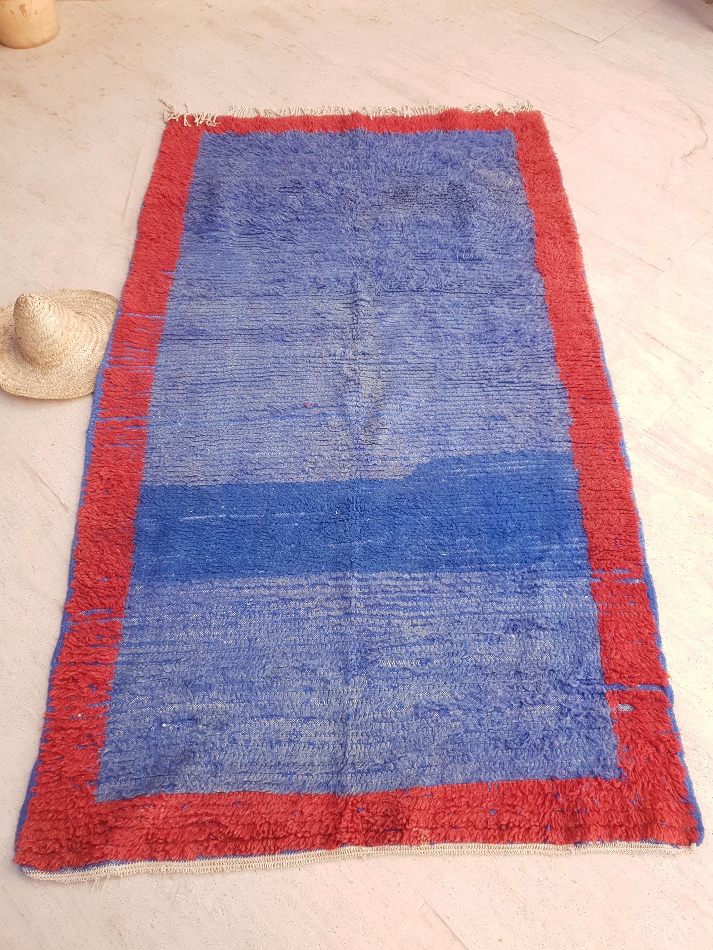 Vintage Moroccan Rug 4.8x8 | Minimal Blue Red Boujaad Rug | Modern Tribal Rug | One-of-a-Kind Berber Carpet