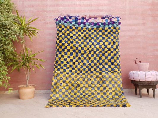 50% OFF CLOSING SALE Vintage Moroccan rug 4.5x6.7 Beautiful & Unique Checkered Boucherouite Rug, Blue Yellow Berber Collector colorful Rug