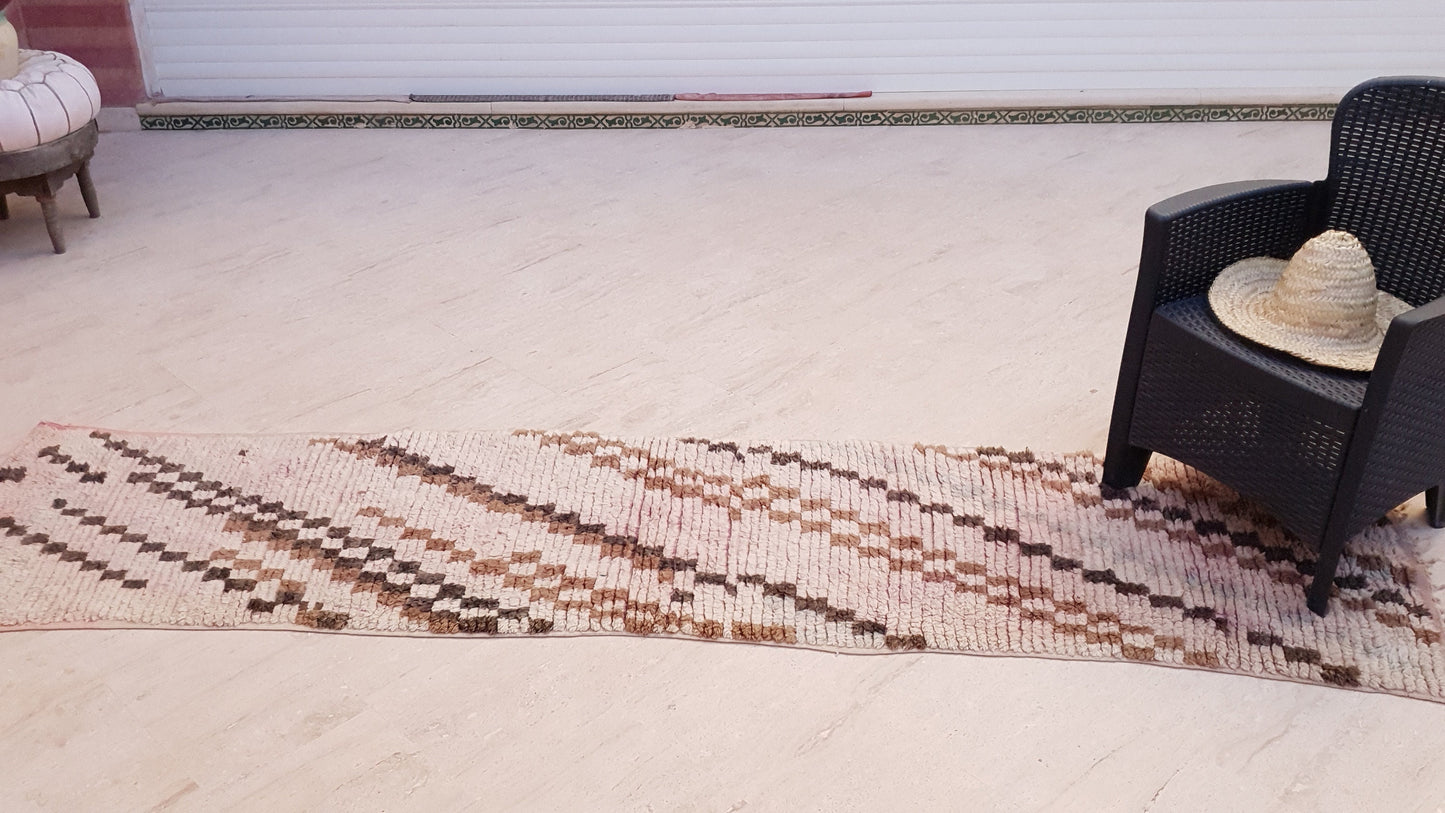50% OFF CLOSING SALE Vintage Moroccan Rug 2.4x9.8 checkered Boujad Runner Rug, Super unique Berber Brown Blush hallway Rug, boho boujaad rug