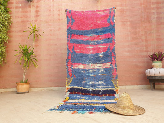 Vintage Moroccan Rug 3.2x7.8 Gorgeous Blue Pink Rug Boujaad Rug, fushia turquoise artistic Rug, boho boujaad rug