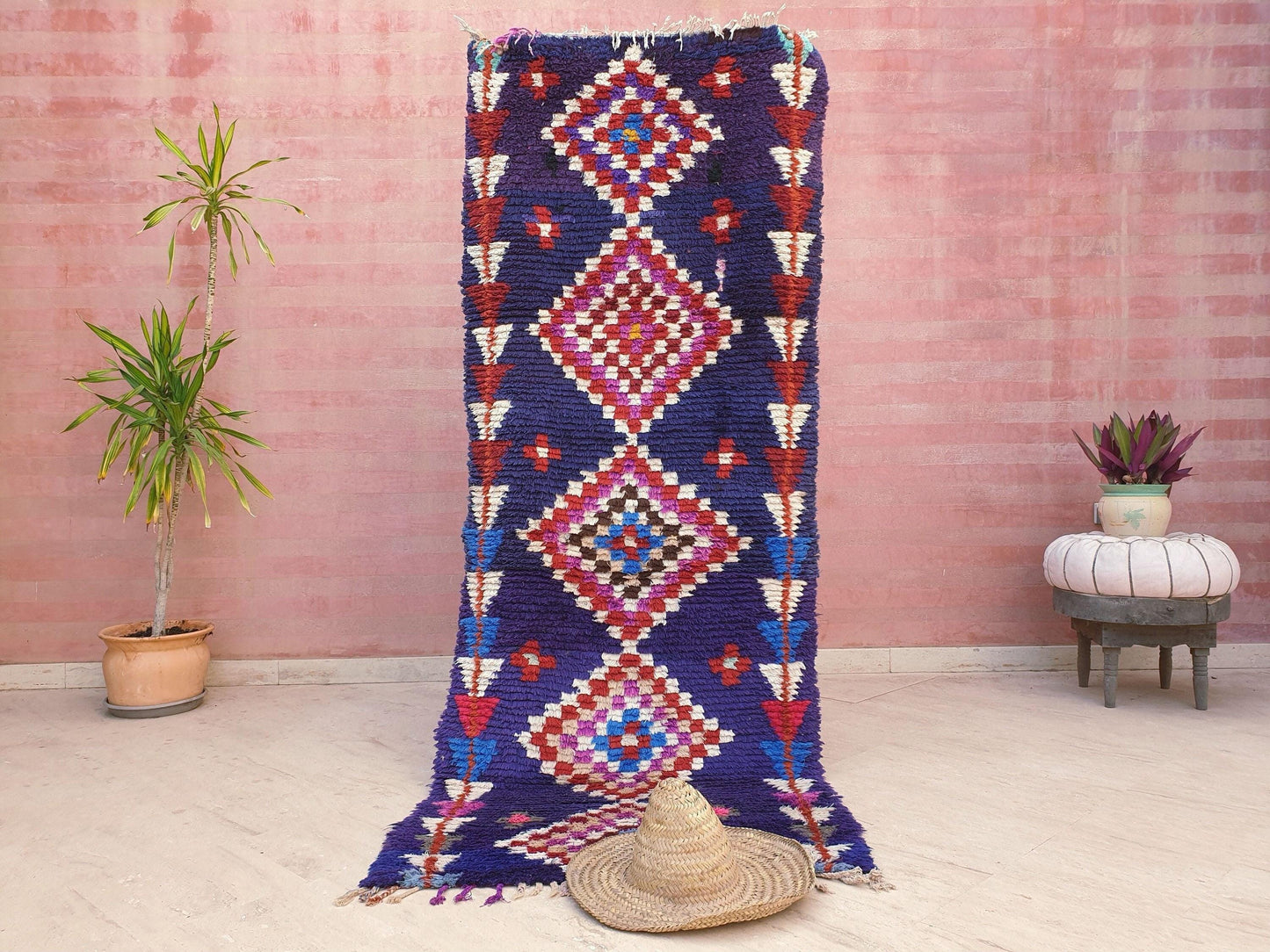 50% OFF CLOSING SALE Vintage Moroccan rug 3x7.8 Gorgeous blue purple Boucherouite Rug, hallway rug, geometric runner rug, blue boujaad rug