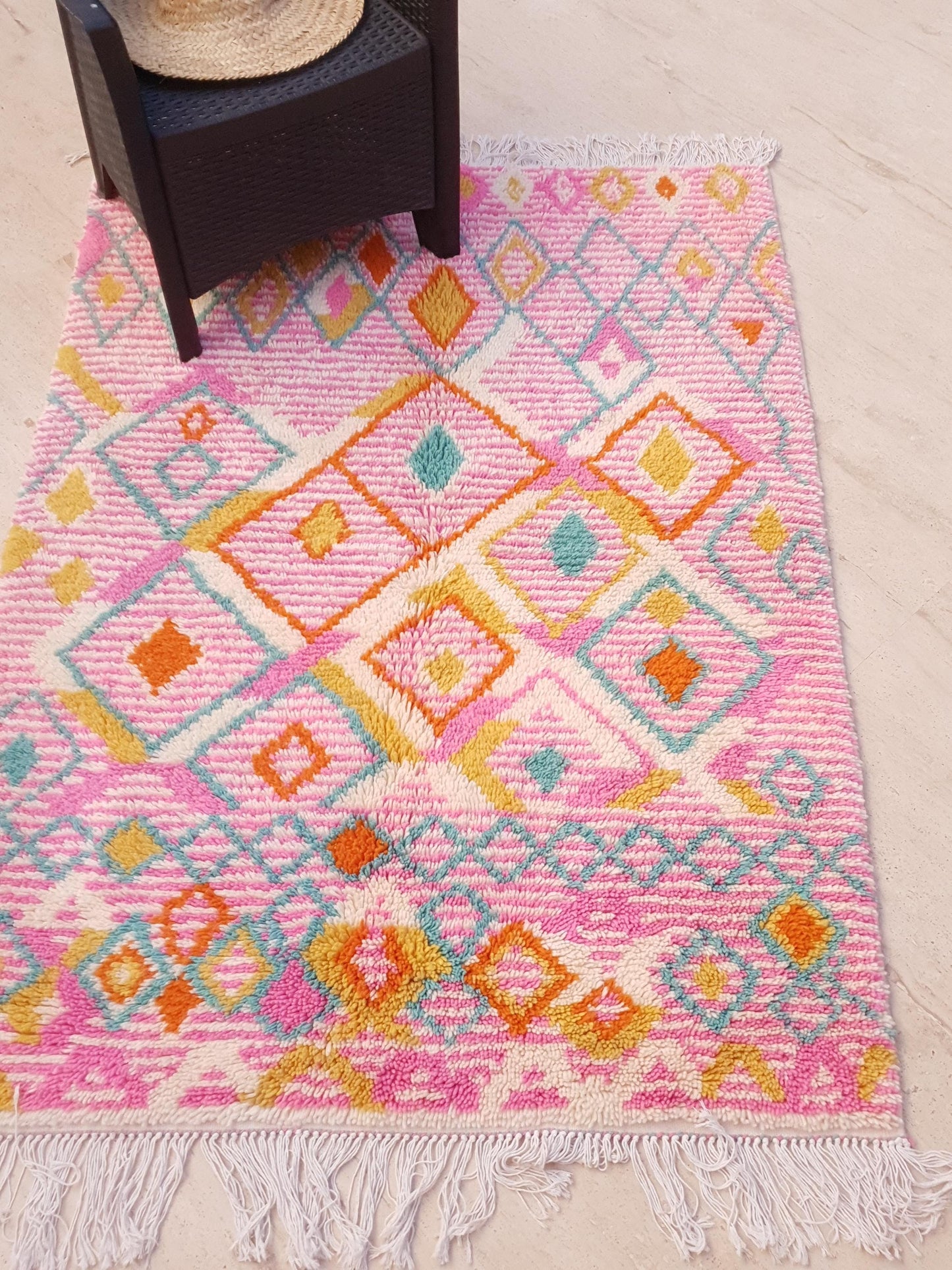 Azilal Wool Rug 4.1x5.7 ft • Custom One-of-a-Kind Moroccan Rug • Handspun Wool • Pink Turquoise Orange Diamond Design • Berber Tribal Rug