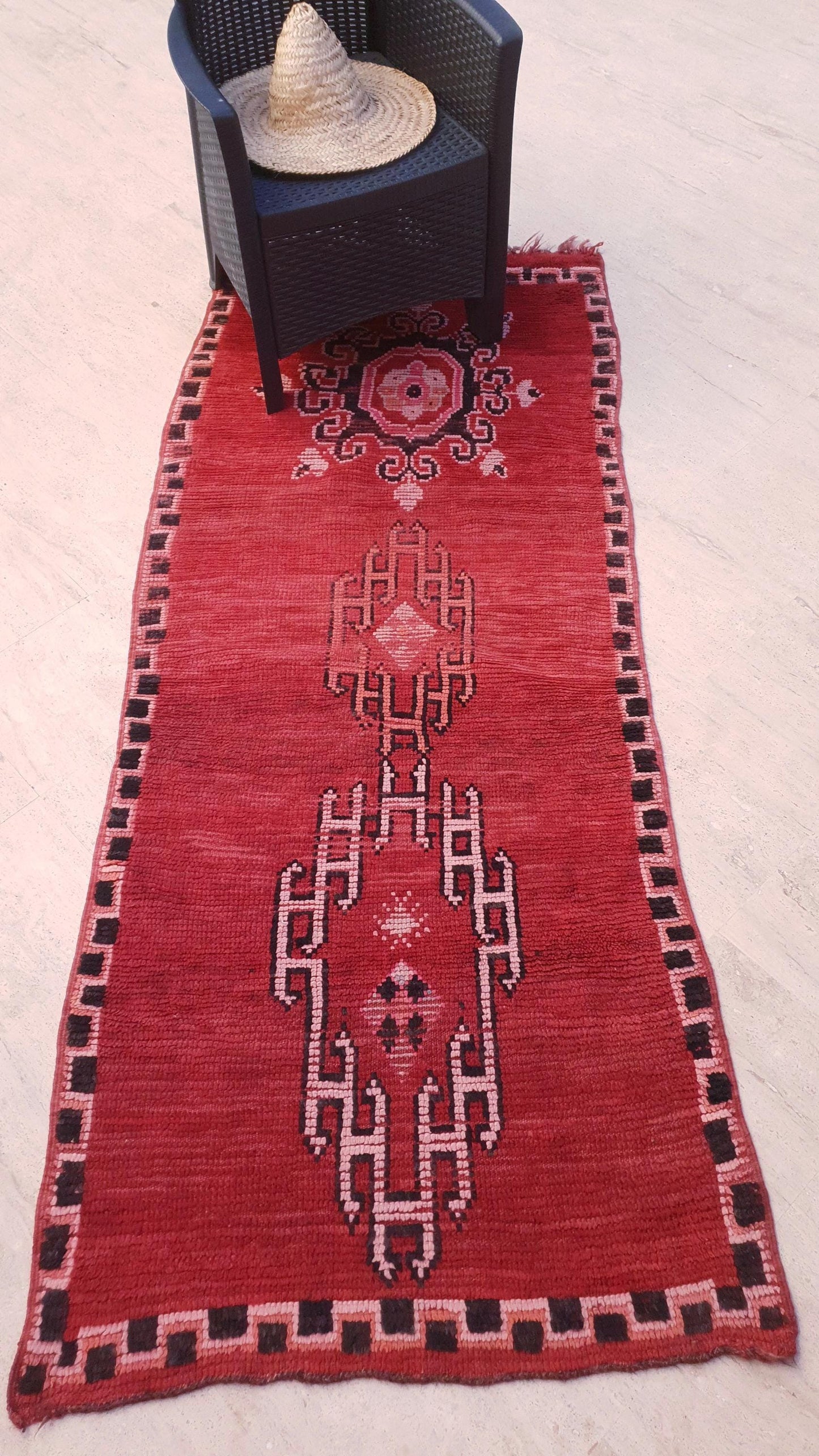 Vintage Moroccan Rug 3.1x7.3 Gorgeous Unique Red Boujaad Statement Runner Rug, bedroom rug, living room rug Abstract ac