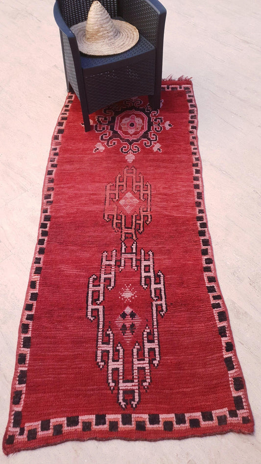 Vintage Moroccan Rug 3.1x7.3 Gorgeous Unique Red Boujaad Statement Runner Rug, bedroom rug, living room rug Abstract ac