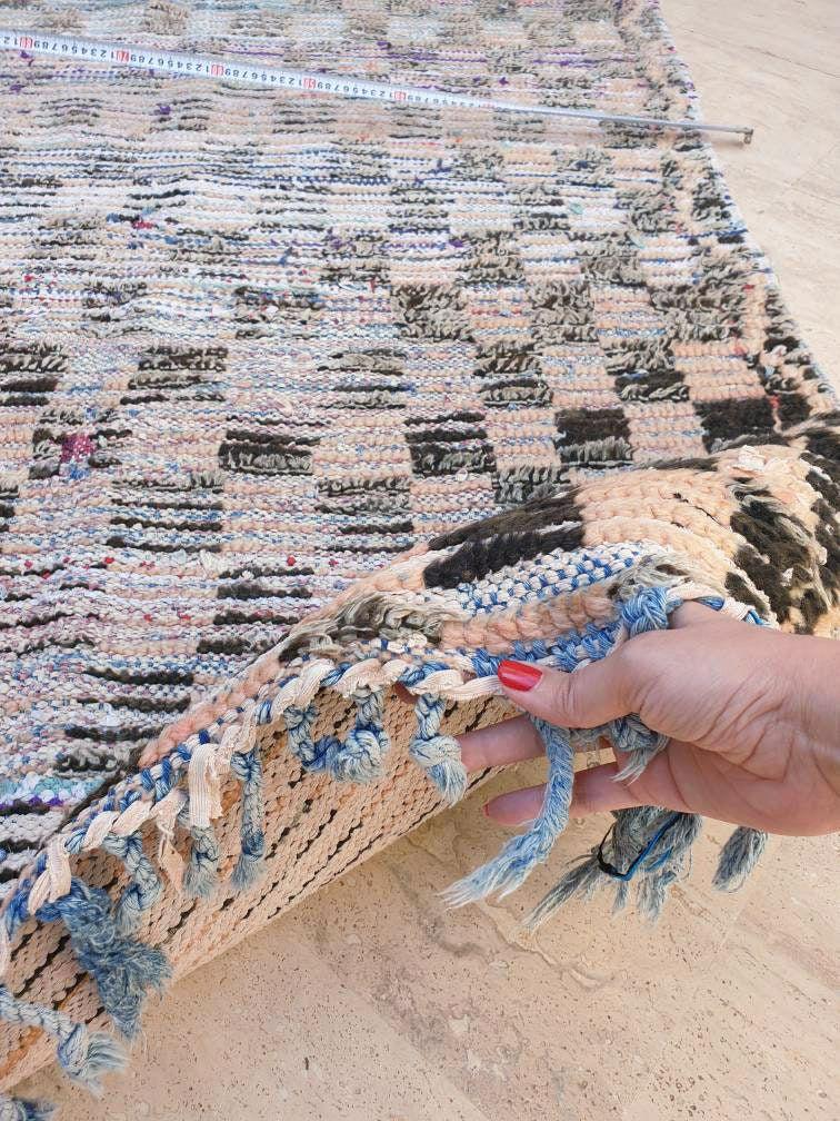 Vintage Moroccan Rug 4.2x7.1 Gorgeous Blush Checkered Boujaad Rug | living room rug | Purple Peach checkered Area Rug