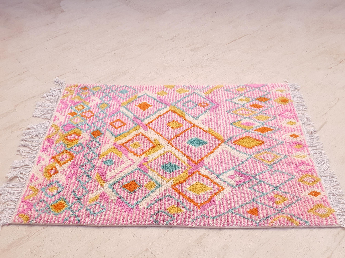 Azilal Wool Rug 4.1x5.7 ft • Custom One-of-a-Kind Moroccan Rug • Handspun Wool • Pink Turquoise Orange Diamond Design • Berber Tribal Rug