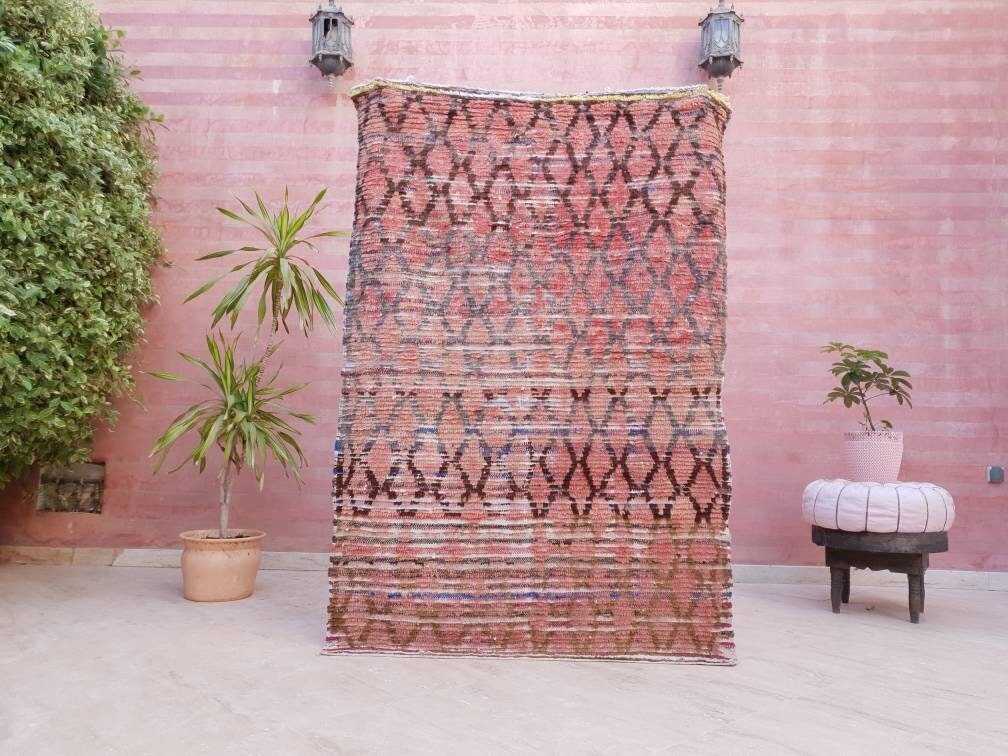 Vintage Moroccan Rug 4x6 Blush Boujaad Rug | tribal Pattern  pink checkered area Rug | accent rug blush pink rug