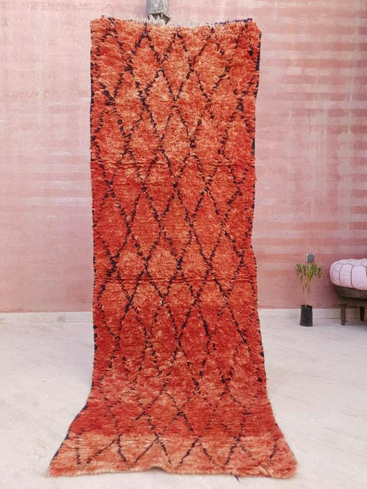 Gorgeous Moroccan Rug 2.9x8.2 "Fire" Vintage red Boujaad rug, Artistic rug, Hallway rug, Unique Orange Red rug, Authentic Morrocan rug