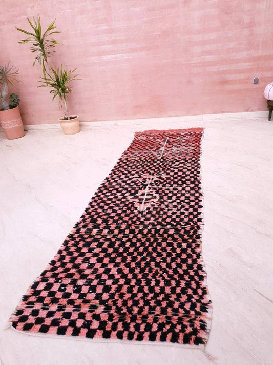50% OFF CLOSING SALE Vintage Moroccan runner rug 3.3x11 Antique Boujaad Rug, checkered blush pink red boujad rug colorful rug entryway rug