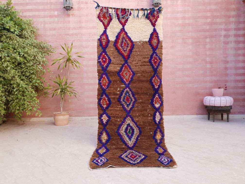 Vintage Moroccan rug, Unique Statement hallway rug, beige Cream runner rug, brown boujaad rug, boucherouite rug, morocco rug