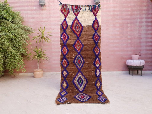 Vintage Moroccan rug, Unique Statement hallway rug, beige Cream runner rug, brown boujaad rug, boucherouite rug, morocco rug