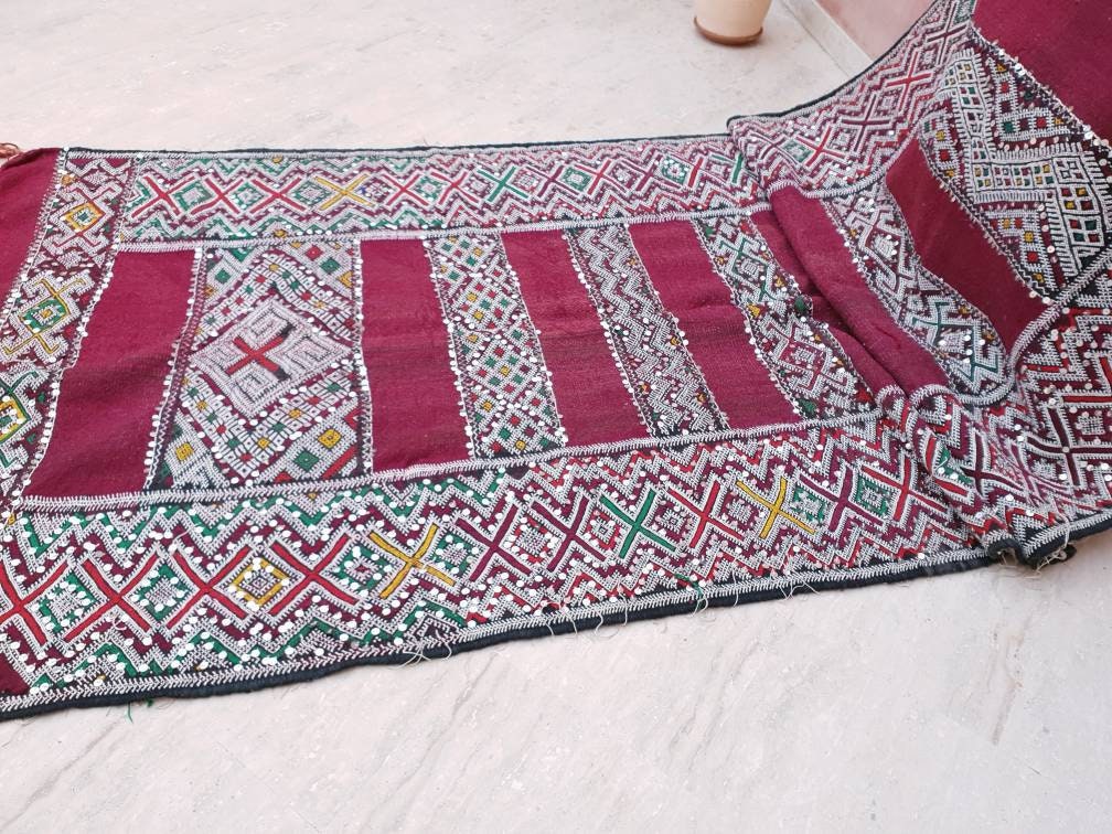 Incredible Moroccan rug | Sequined 4×10 ft Berber Rug | maroon kilim rug bedroom rug living room rug