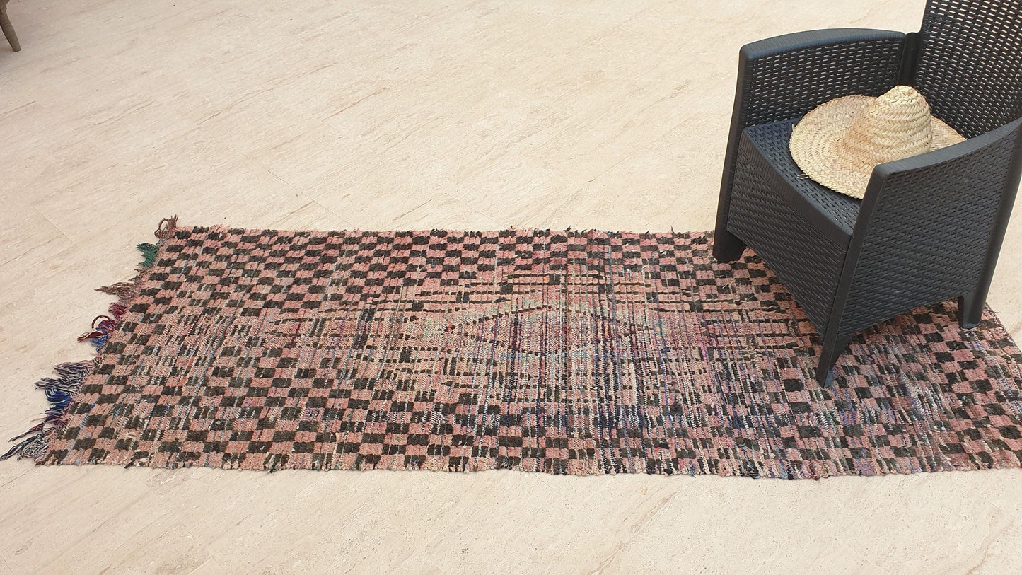 50% OFF CLOSING SALE Vintage Moroccan rug 2.9x7.6 Gorgeous Blush Brown Peach Pink Checkered rug | Boujaad hallway rug boujad rug