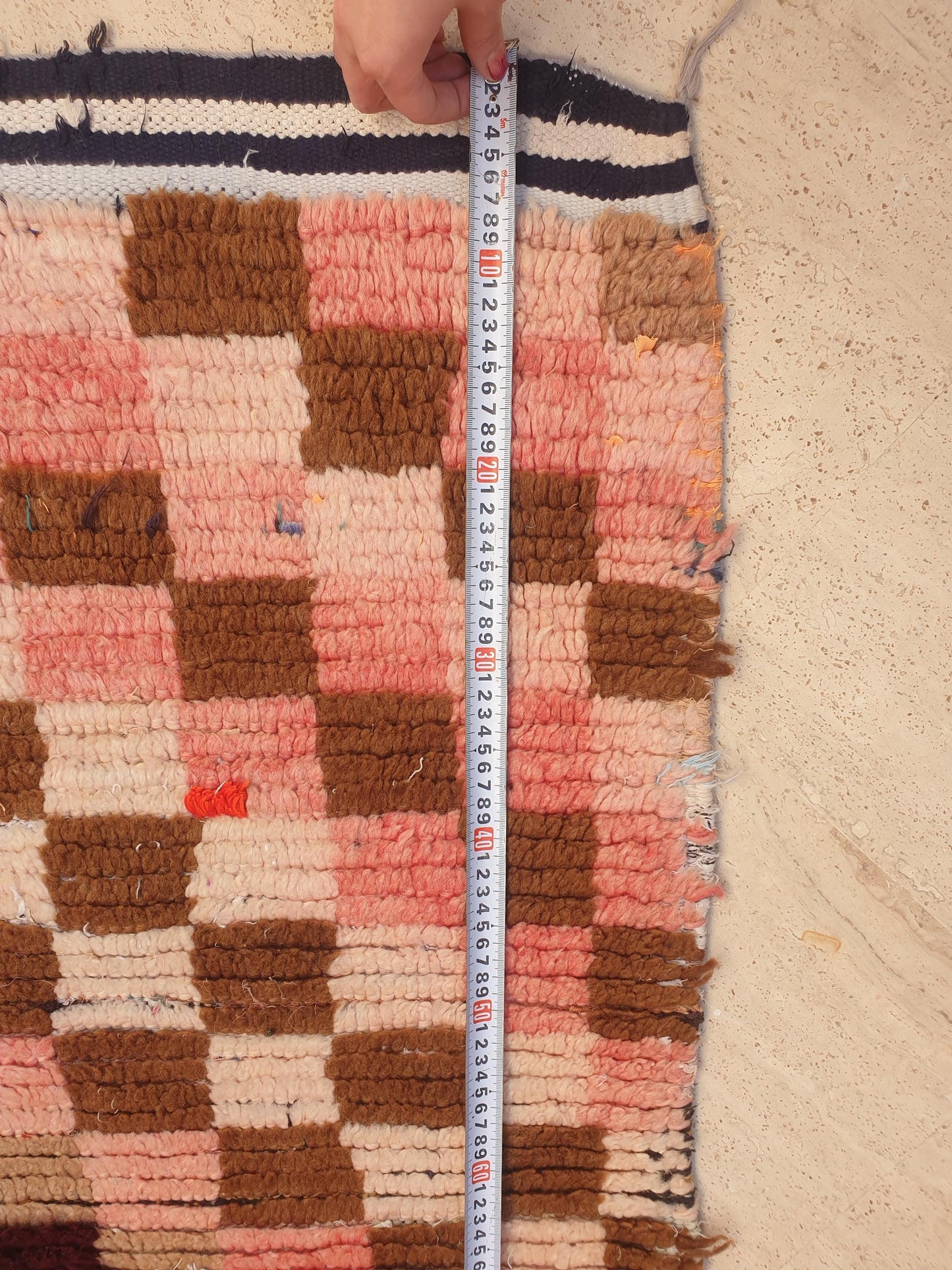 Gorgeous Moroccan Runner Rug • 2.5ft x 6.6ft • Checkered Boujaad Rug • Blush Brown Pink rug • Colorful Boucherouite rug