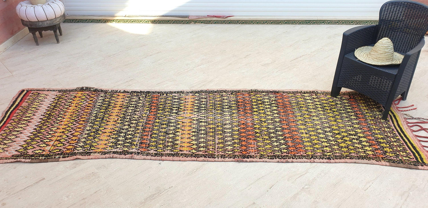 Vintage Moroccan Rug 3.5x11.5 Stunning Antique Boujaad Rug Enthralling Boujad, Pink Peach Rug, tribal rug