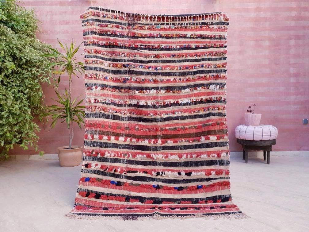 Vintage Moroccan Rug 4.1x6.2  Beautiful Unique muted morrocan rug, embroidery like woven wool flatweave rug with boucherouite knots