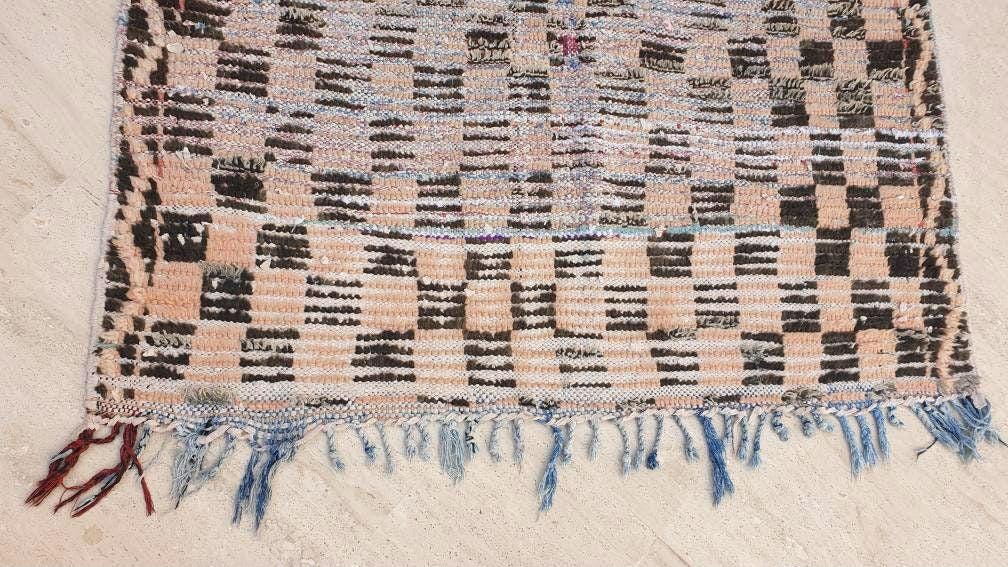 Vintage Moroccan Rug 4.2x7.1 Gorgeous Blush Checkered Boujaad Rug | living room rug | Purple Peach checkered Area Rug
