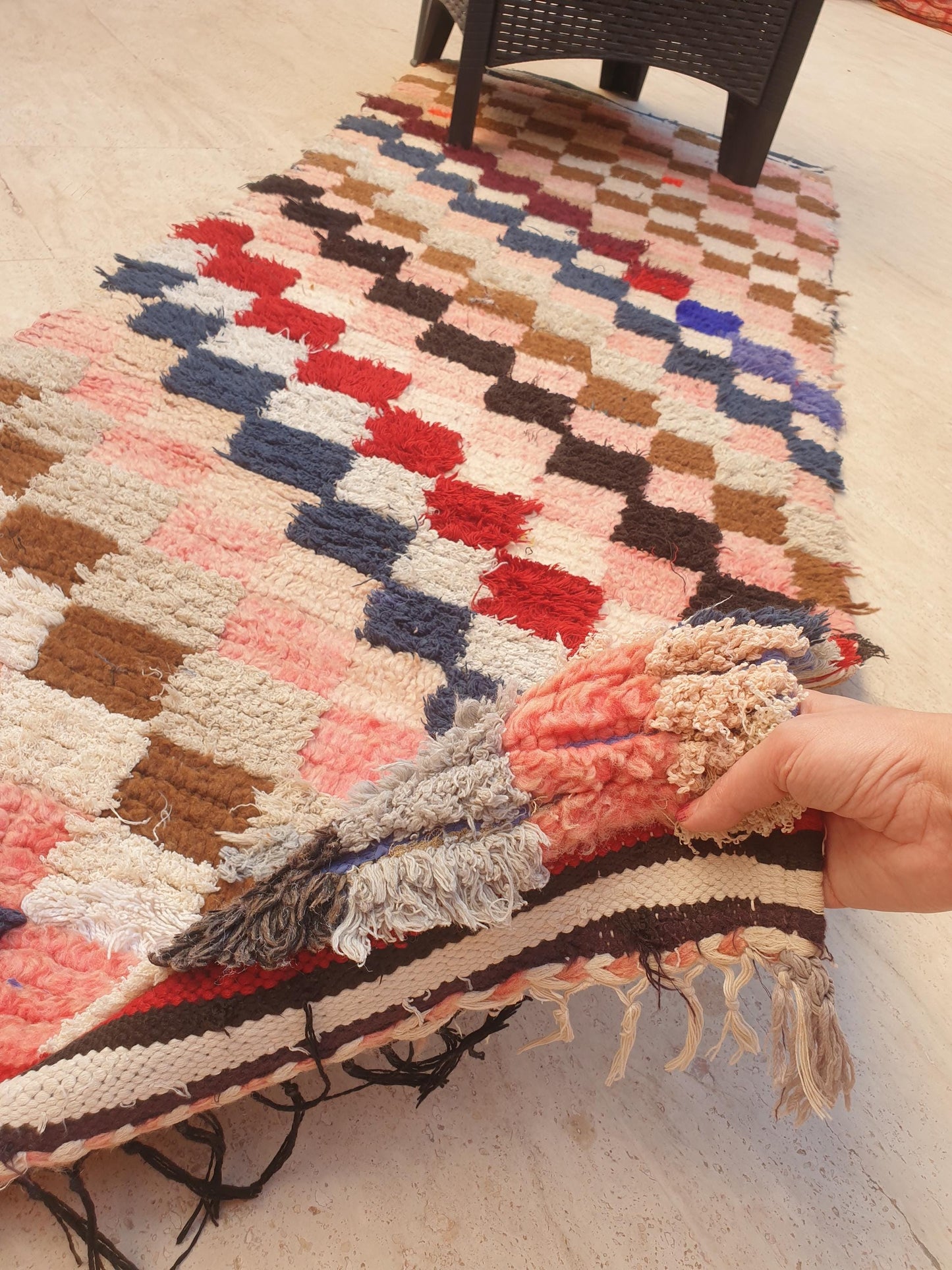 Gorgeous Moroccan Runner Rug • 2.5ft x 6.6ft • Checkered Boujaad Rug • Blush Brown Pink rug • Colorful Boucherouite rug