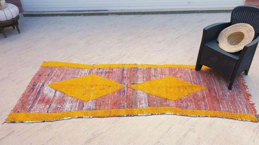 Vintage Moroccan rug 3.3x8.9 Blush Peach Yellow Boujaad rug incredible  black Yellow Tribal Rug Unique boujad Rug living room rug