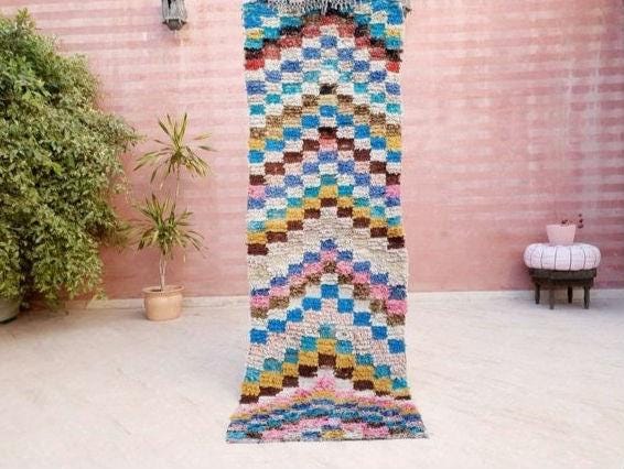 Vintage Moroccan Rug 2.5x7.7 Cute Checkered Runner Rug | Boujaad Rug  | Retro Berber Boucherouite Rug | Hallway Rug | Vintage Entry way Rug