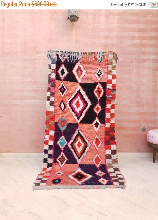 Vintage Moroccan Rug 3.6x7.8 Runner rug, Black Pink berber boujaad morrocan rug, colorful runner rug, boho runner rug, accent rug