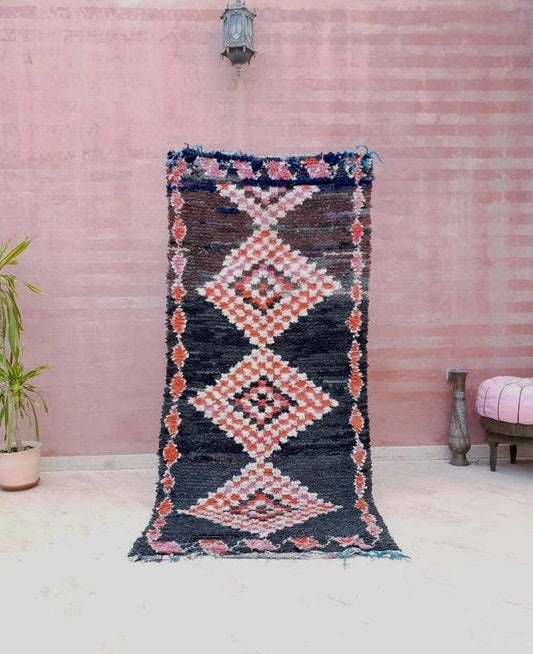 50% OFF CLOSING SALE Vintage Moroccan Rug 3.3x7.5 Boucherouite Rug, black Berber runner rug, abstract hallway  rug, Geometric kitchen rug