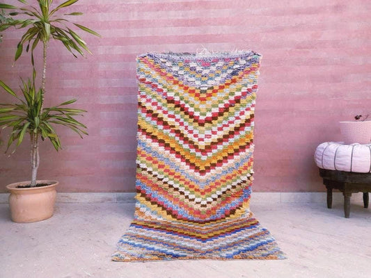 Vintage Moroccan Rug, Colorful Boucherouite Rug, Checkered  Accent Rug, Unique Pretty berber rug, colorful carpet artistic vintage rug