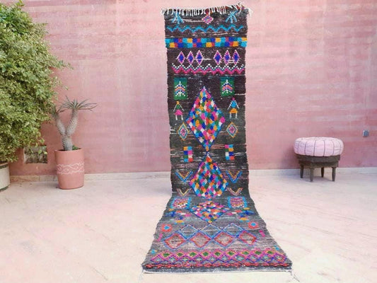 Vintage Moroccan rug 2.8x11.5 Unique hallway rug "Luncheon On The Grass" boujad rug colorful rug, entryway rug berber rug, Gray Green Rug