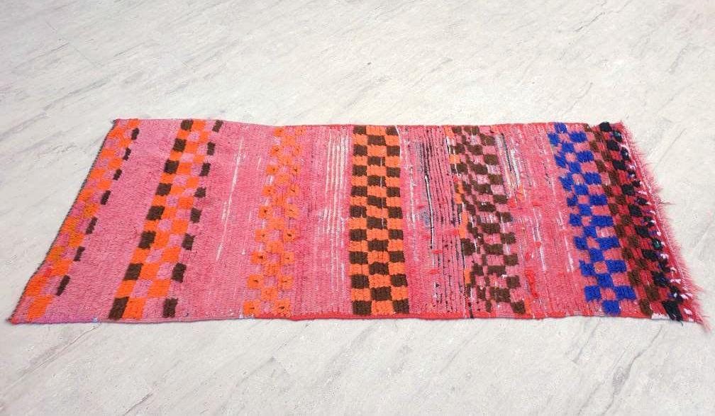 50% OFF CLOSING SALE Vintage Moroccan Rug 3x7 Gorgeous Checkered Rug | Peach Runner Rug  | Berber Tribal Rug | Pach Pink Blue Accent Rug