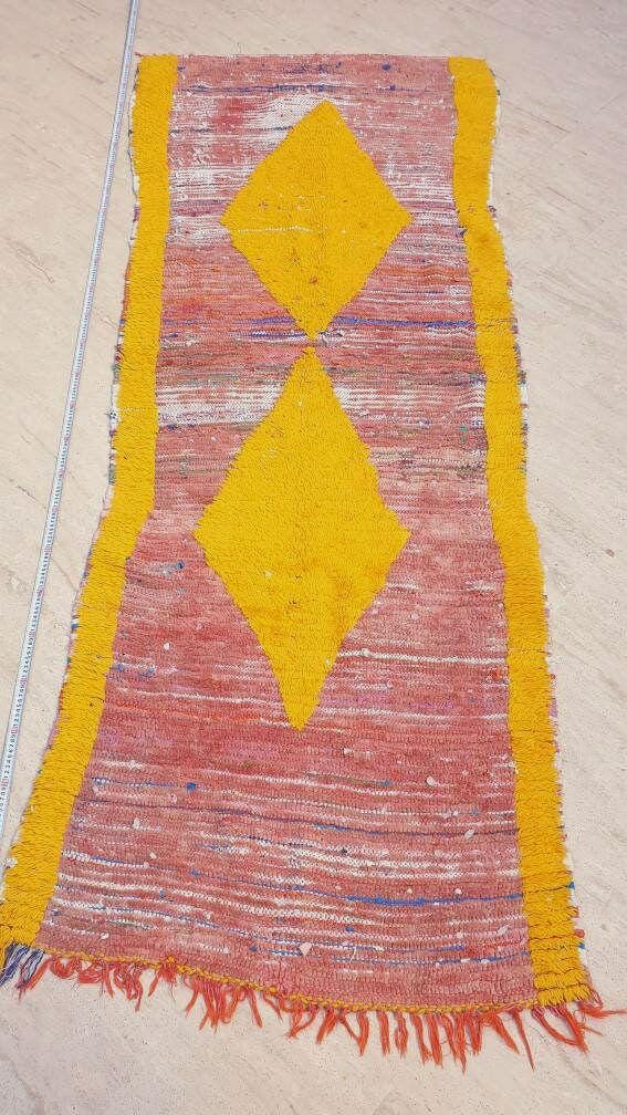 Vintage Moroccan rug 3.3x8.9 Blush Peach Yellow Boujaad rug incredible  black Yellow Tribal Rug Unique boujad Rug living room rug