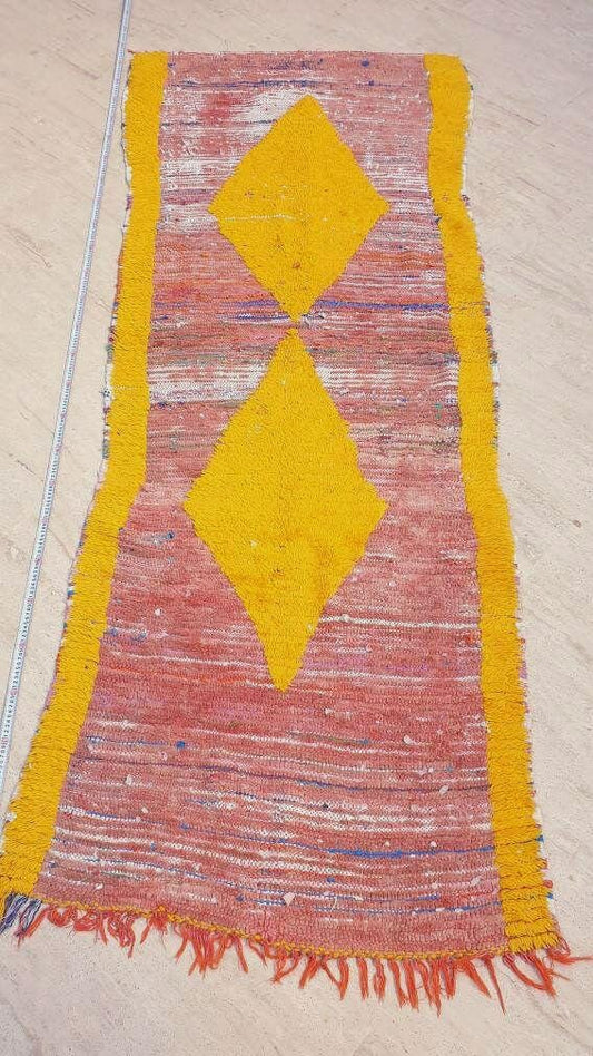 Vintage Moroccan rug 3.3x8.9 Blush Peach Yellow Boujaad rug incredible  black Yellow Tribal Rug Unique boujad Rug living room rug