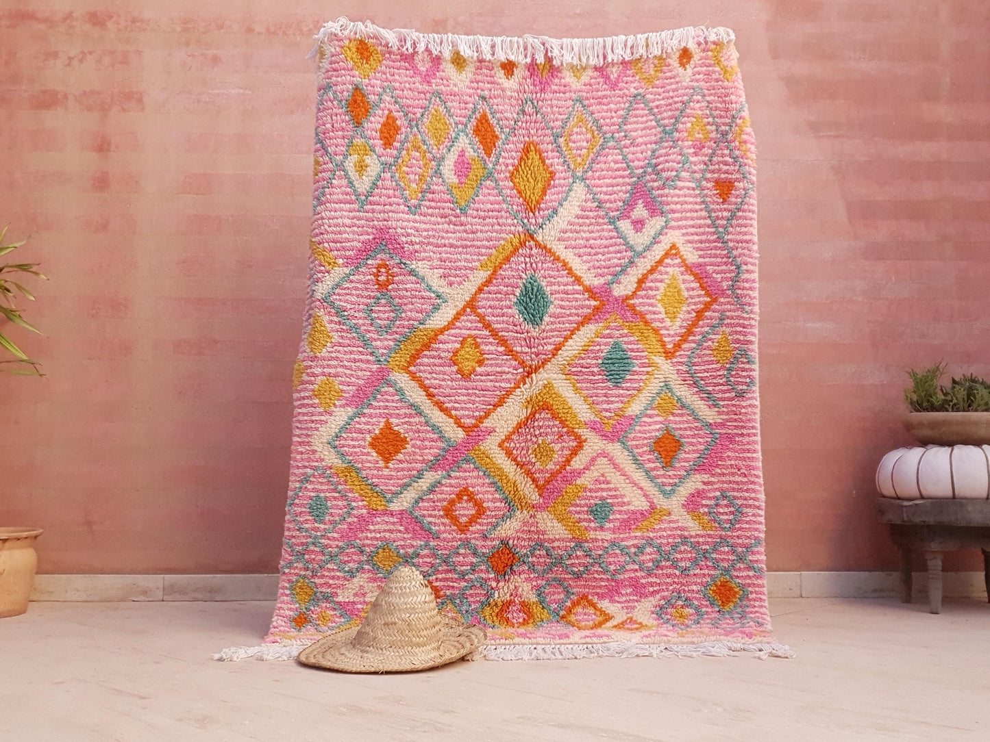 Azilal Wool Rug 4.1x5.7 ft • Custom One-of-a-Kind Moroccan Rug • Handspun Wool • Pink Turquoise Orange Diamond Design • Berber Tribal Rug