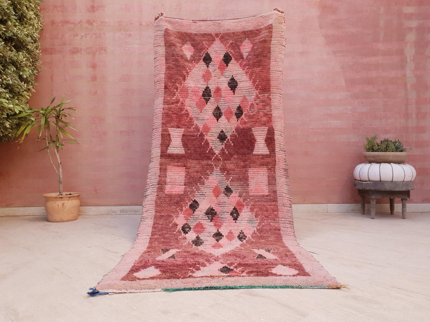 Vintage Moroccan Rug 3.5x8.5 Gorgeous Boujaad Blush Pink Brown rug, Beige Cream Hallway rug, Unique runner rug Authentic Berber Boujad rug