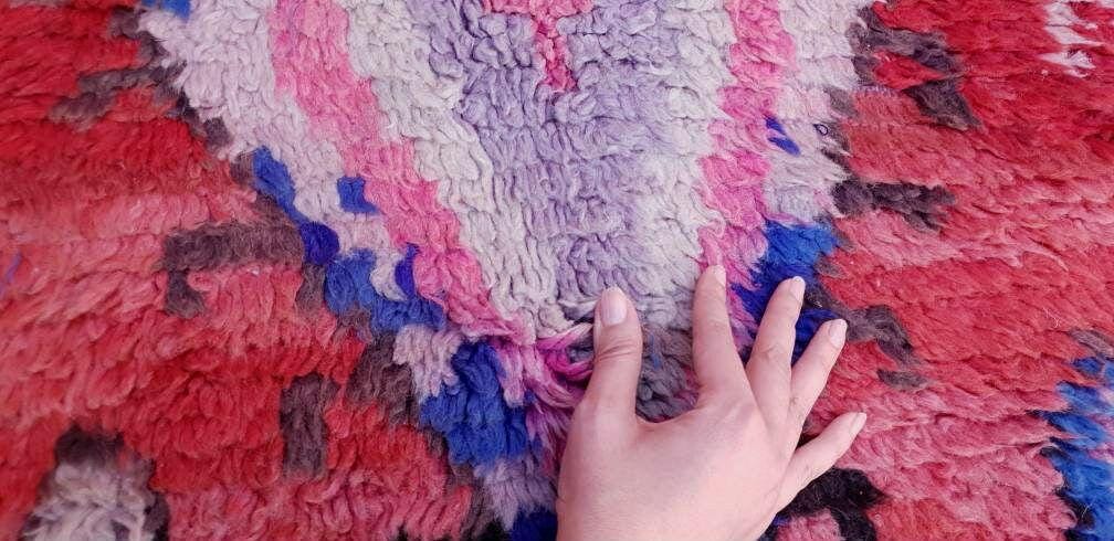 Vintage Moroccan Boujaad Rug • 4.9x9.2 ft • Red, Blue, and Lavender Tribal Wool Carpet • Bold Bohemian Berber Statement Piece