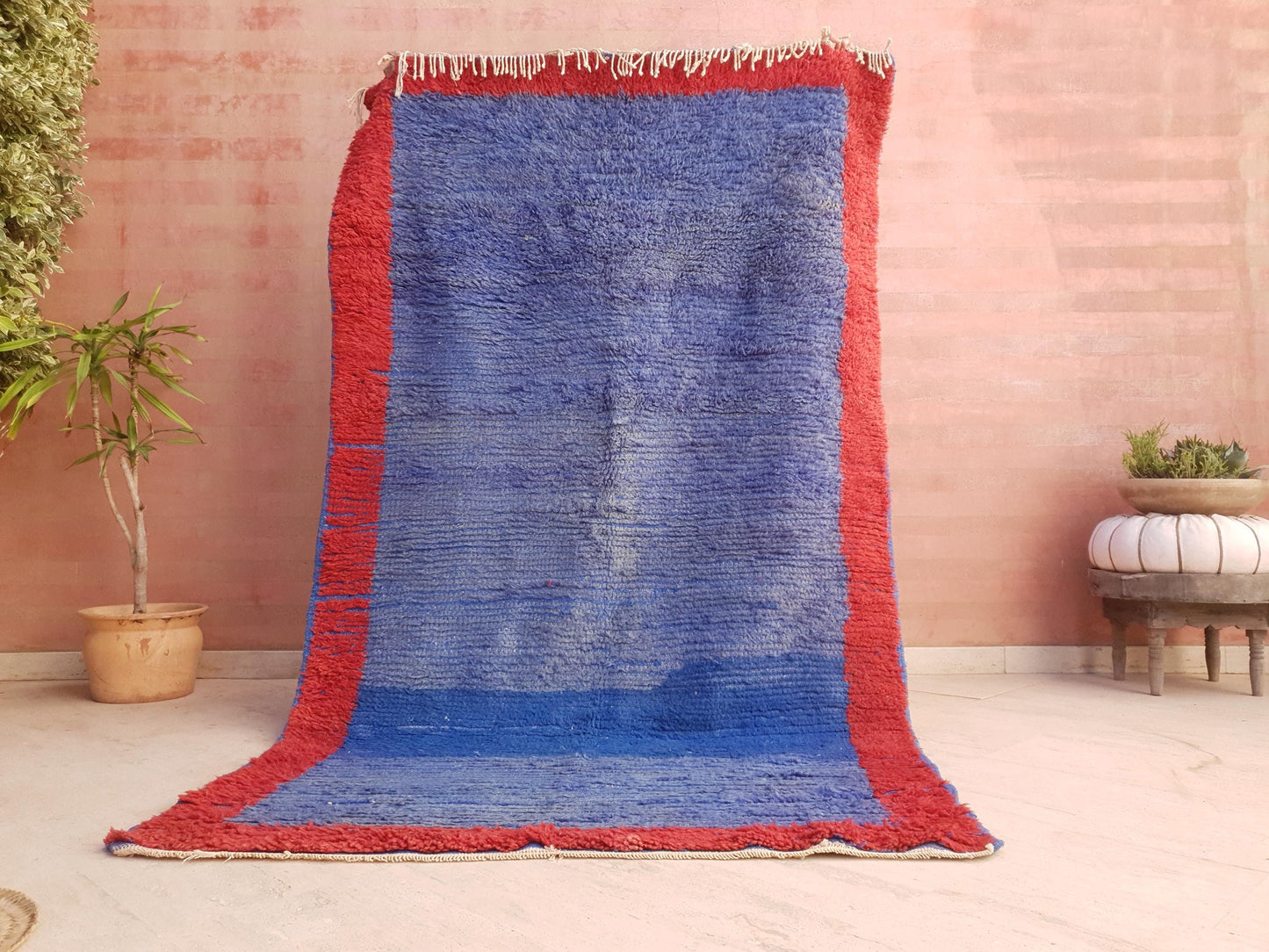 Vintage Moroccan Rug 4.8x8 | Minimal Blue Red Boujaad Rug | Modern Tribal Rug | One-of-a-Kind Berber Carpet