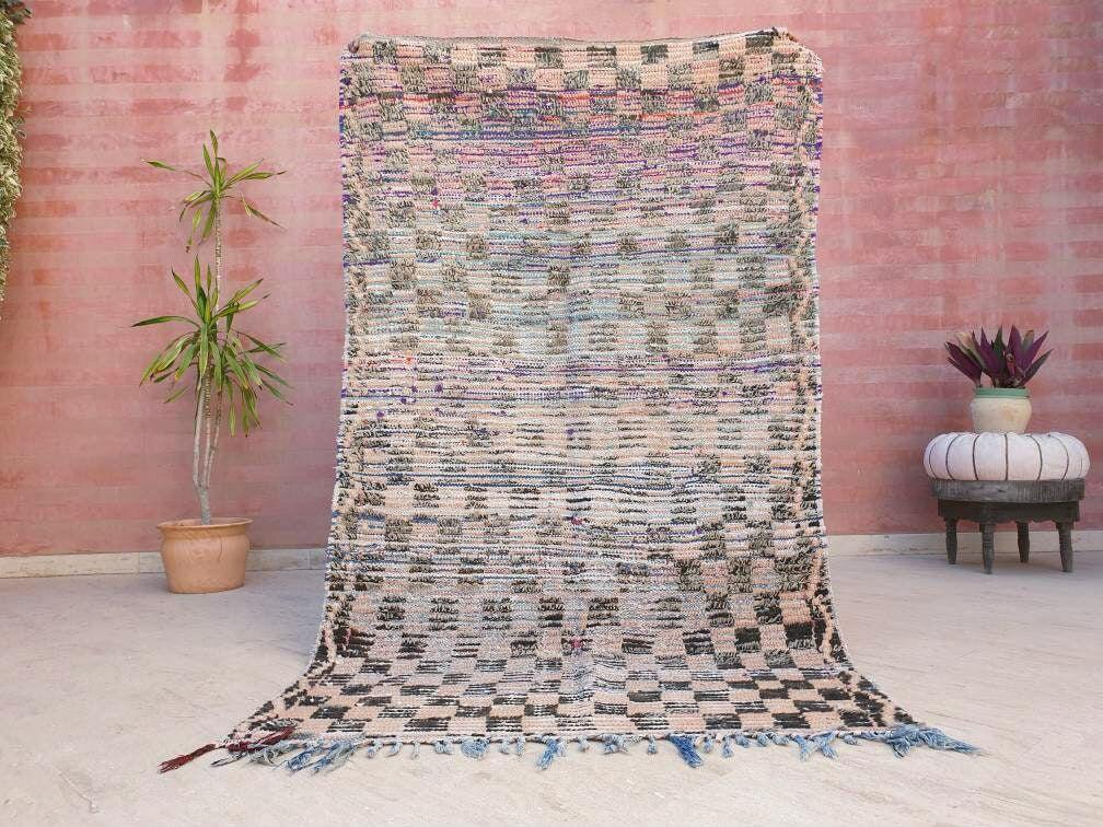 Vintage Moroccan Rug 4.2x7.1 Gorgeous Blush Checkered Boujaad Rug | living room rug | Purple Peach checkered Area Rug