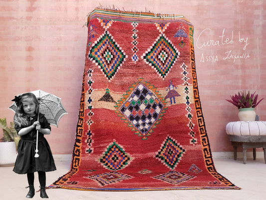 Vintage Moroccan rug 5x8.5 Precious Abstract boujaad rug "Little Girls" blush Coral Peach  colorful tribal rug