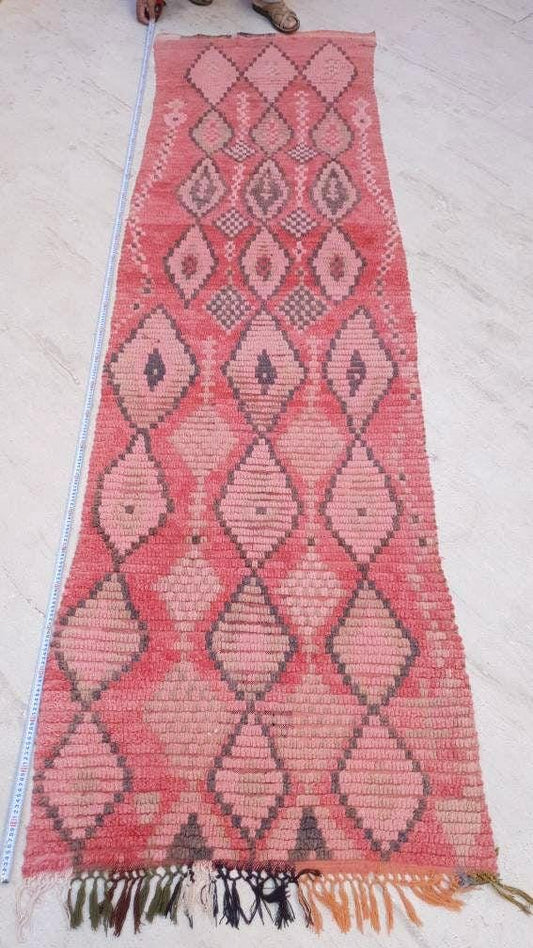 Vintage Moroccan Rug 3x9.9 Gorgeous Blush Coral Salmon Pink Boujad Rug, antique Boujad Rug, Bedroom rug, living room muted