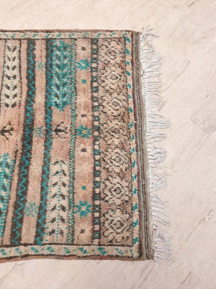 Vintage Moroccan Rug 4.5x7.6 Majestic Boujaad rug "Teal Poppies" blush Orange Geometric Rug