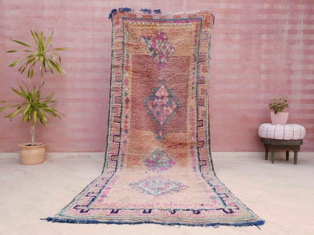 50% OFF CLOSING SALE Vintage Moroccan rug 4x10.2 Gorgeous Boujaad rug, Blush Aqua Beige Pink pastels rug vintage berber boujad hallway rug