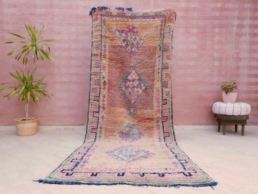 50% OFF CLOSING SALE Vintage Moroccan rug 4x10.2 Gorgeous Boujaad rug, Blush Aqua Beige Pink pastels rug vintage berber boujad hallway rug