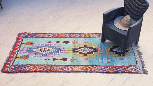 Gorgeous Sky blue vintage moroccan rug 3.6x7.7 cyan boucherouite rug, vintage boujaad rug, colorful tribal rug, geometric berber rug