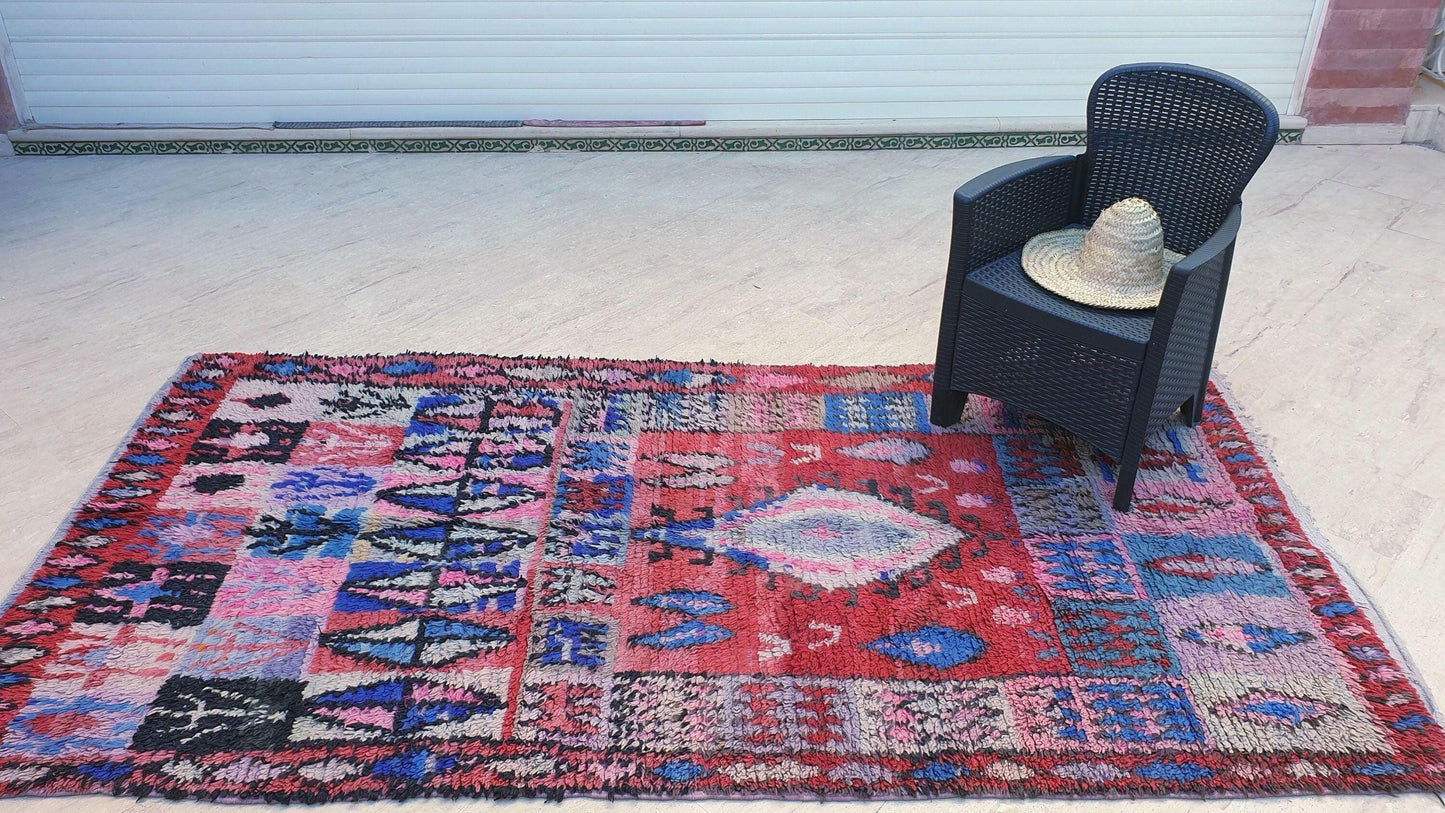 Vintage Moroccan Boujaad Rug • 4.9x9.2 ft • Red, Blue, and Lavender Tribal Wool Carpet • Bold Bohemian Berber Statement Piece