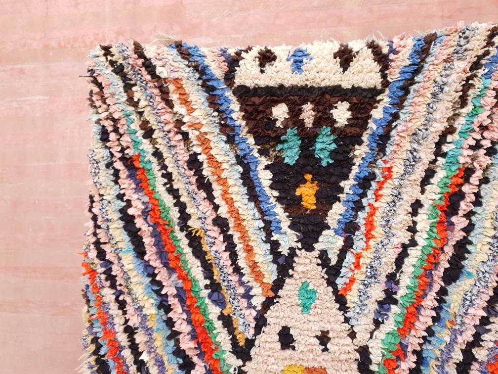 Vintage Moroccan rug, 3.1x7.5 unique  boucherouite rug  "Symmetric"  Berber hallway rug