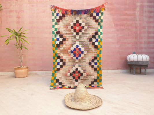 Vintage Moroccan Rug 2.8x4.8 Gorgeous colorful little Boujaad rug, , bedside rug, unique tribal azilal accent rug