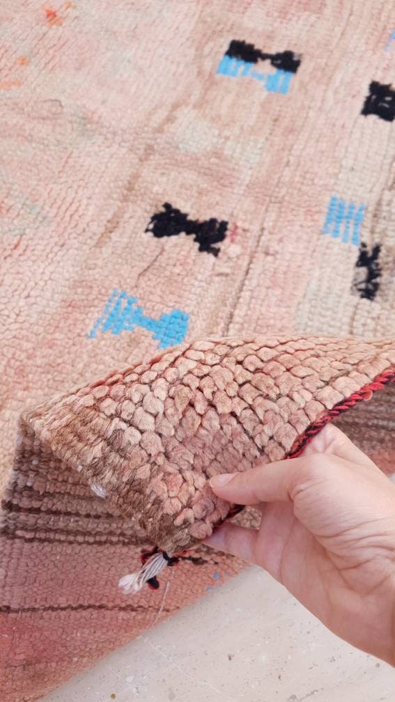 Vintage Moroccan rug 4x8.4 Unique boujaad rug "6 People" Blush pink Antique beige Boujad rug, Unique bohemian bedroom rug morocco rug