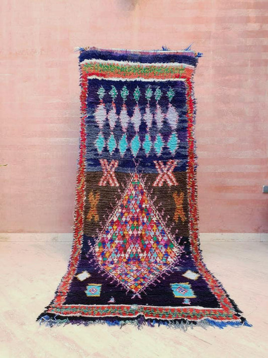 Vintage Moroccan Rug 3.4x8.7 "Blue Fire" Unique Gorgeous Boujaad rug, boucherouite rug, Hallway rug, Unique colorful moroccan rug,